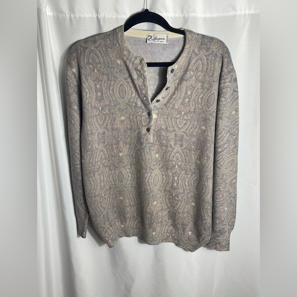 Vintage Angora Sweater Made in Italy Paisley Henley Size M Gray Soft Wool Blend - Picture 1 of 8